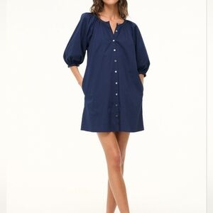 Staud Navy Blue Poplin Cotton Puff Sleeve Button-Up Mini Vincent Shirt Dress SM